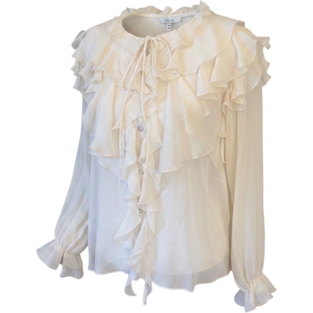 NWT Zara Cream Ruffle Chiffon Blouse Sheer Romantic Victorian Top Large Boho
